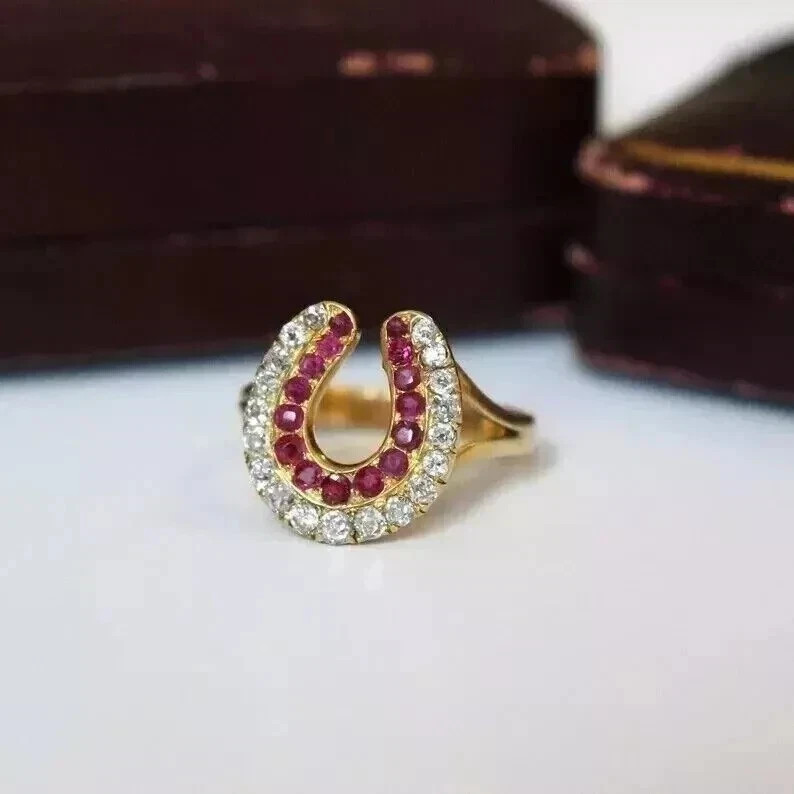 3.00 Ct Round Cut Lab-Created Ruby Horseshoe Wedding Ring 14k Yellow Gold Plated