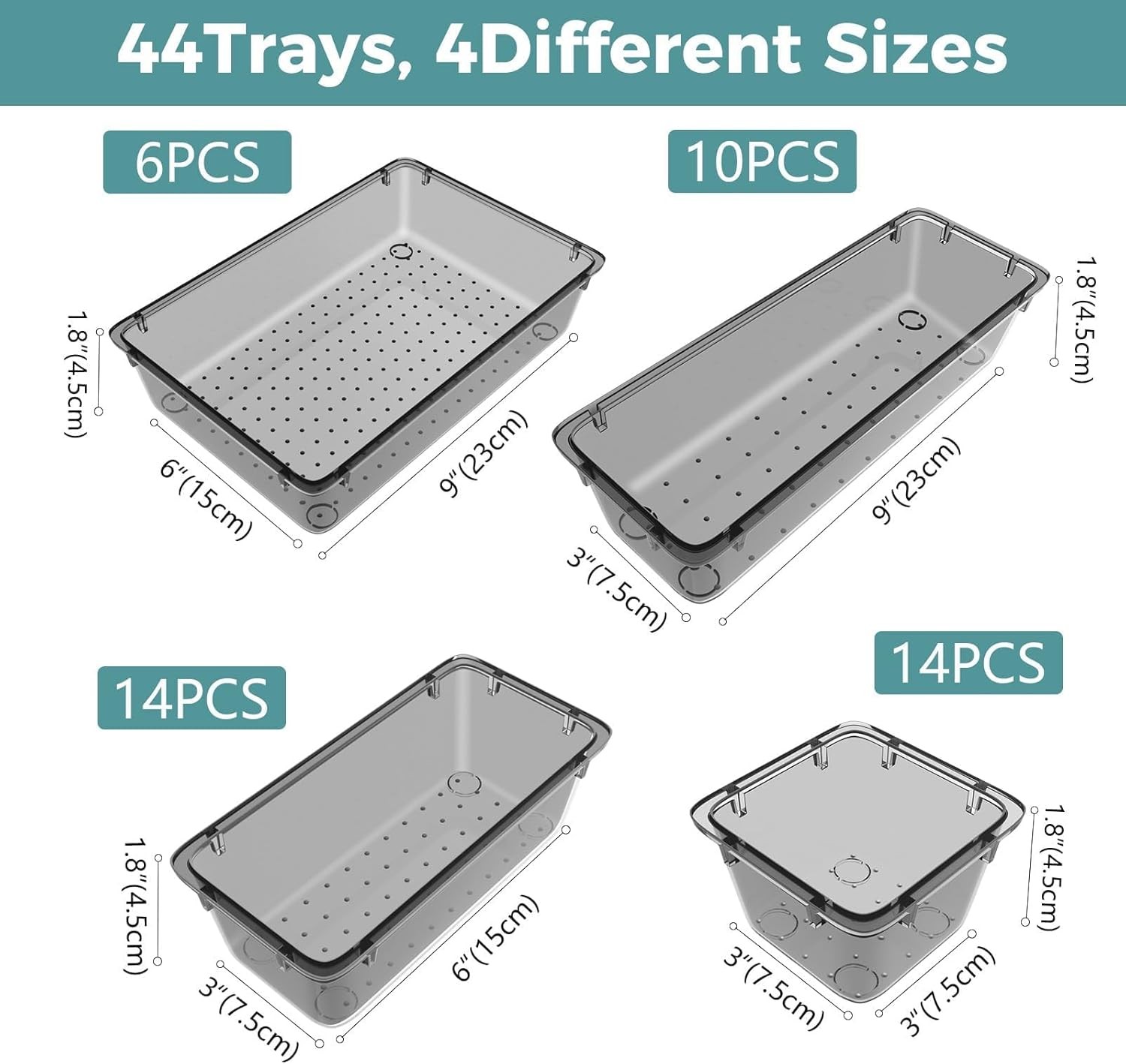 44 PCS Clear Plastic Drawer Organizer Set 4 Varied Size storage Bins & Desk