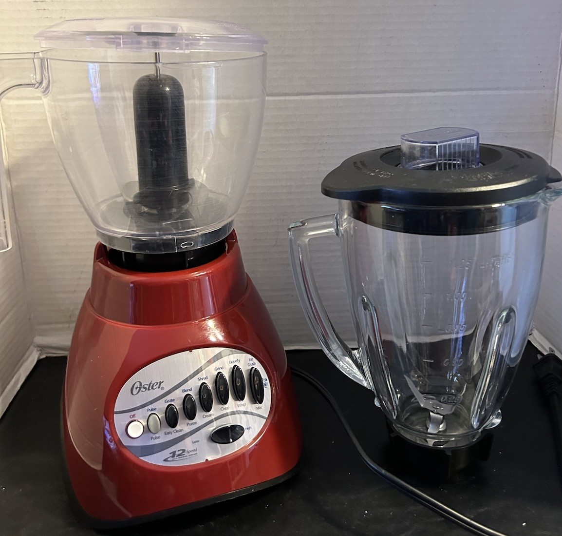 Red Oster 12 Speed Blender Glass Jar Plus Plastic Food Processor All Metal Drive