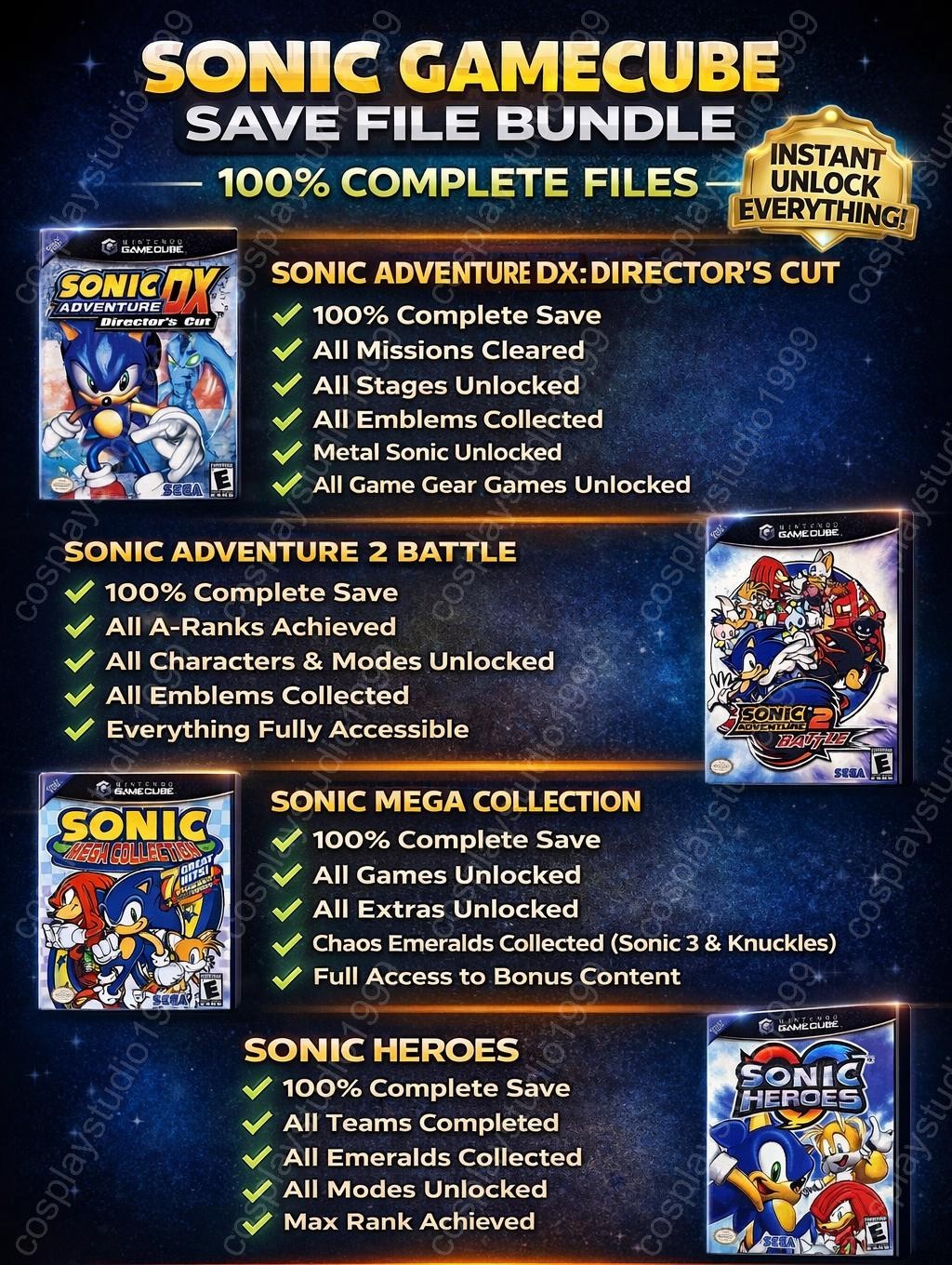 Sonic GameCube Save Files 100% Completed All Unlocks Sonic Mega SA2 Heroes DX