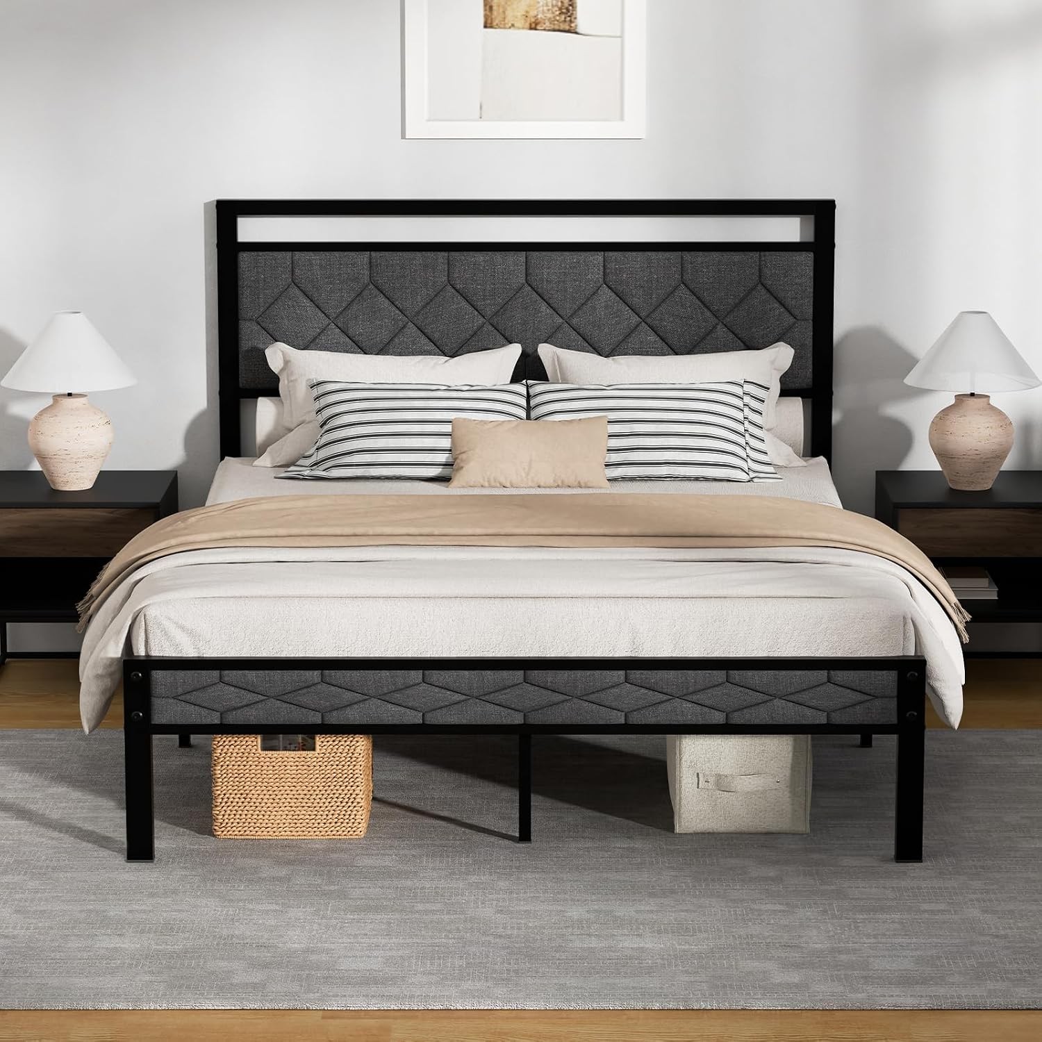 Easy Assembly Upholstered Queen Bed Frame&Soft Padded Headboard | Metal