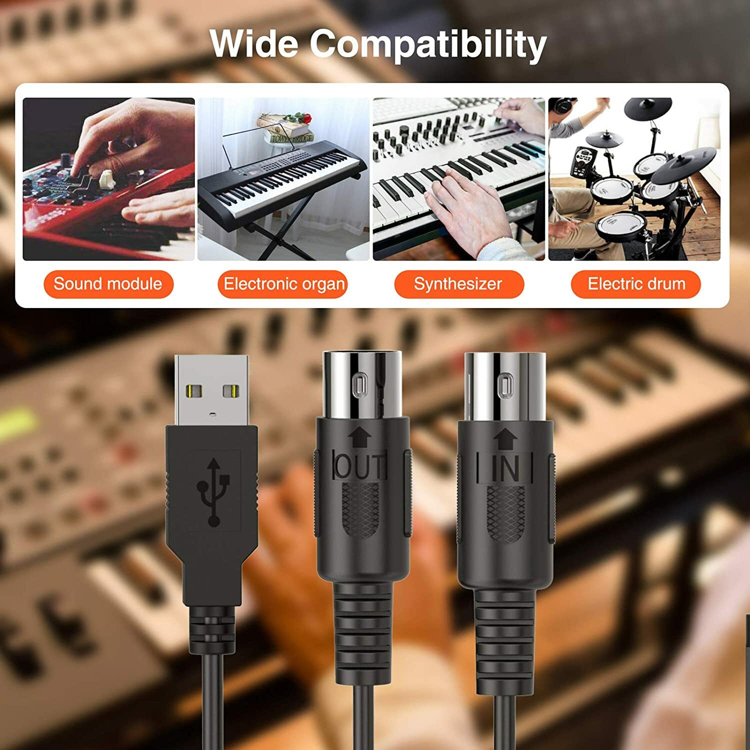 LEKATO MIDI Cable MIDI to USB Cable for Laptop Computer 6.5ft 16 Channels