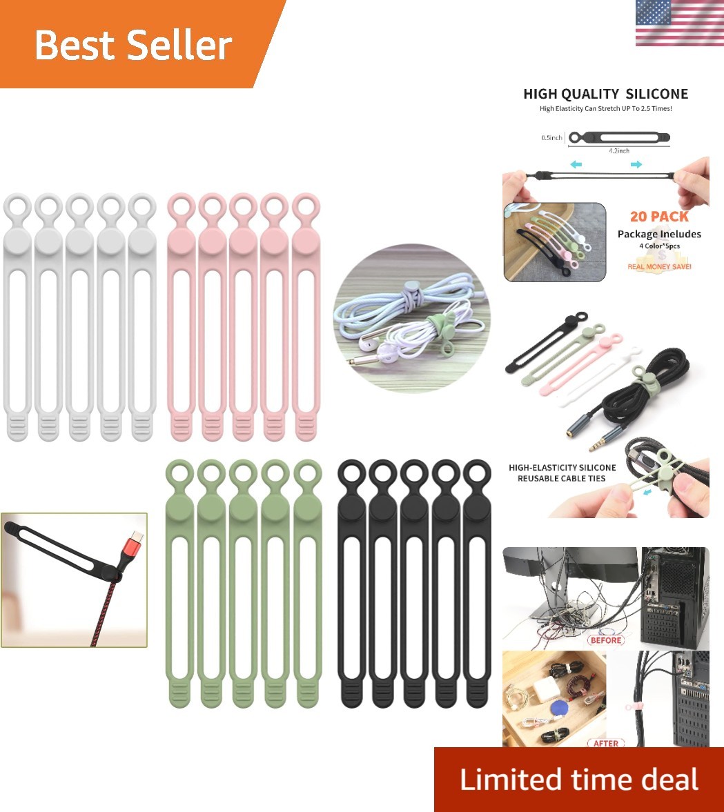 Versatile 20PCS Silicone Cable Ties - 4.2 Inch Reusable Cord Organizers