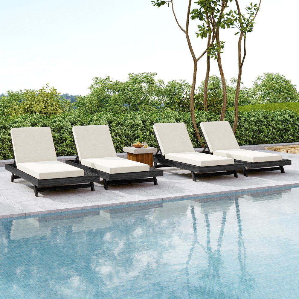 Outdoor Adjustable Sun Lounger w/ Cushion, Acacia Recliner Chair