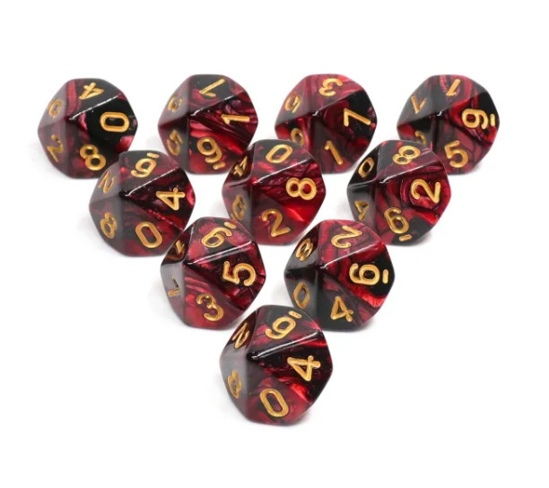 NEW RPG Dice Set of 10D10 -MidNight Dark Ruby
