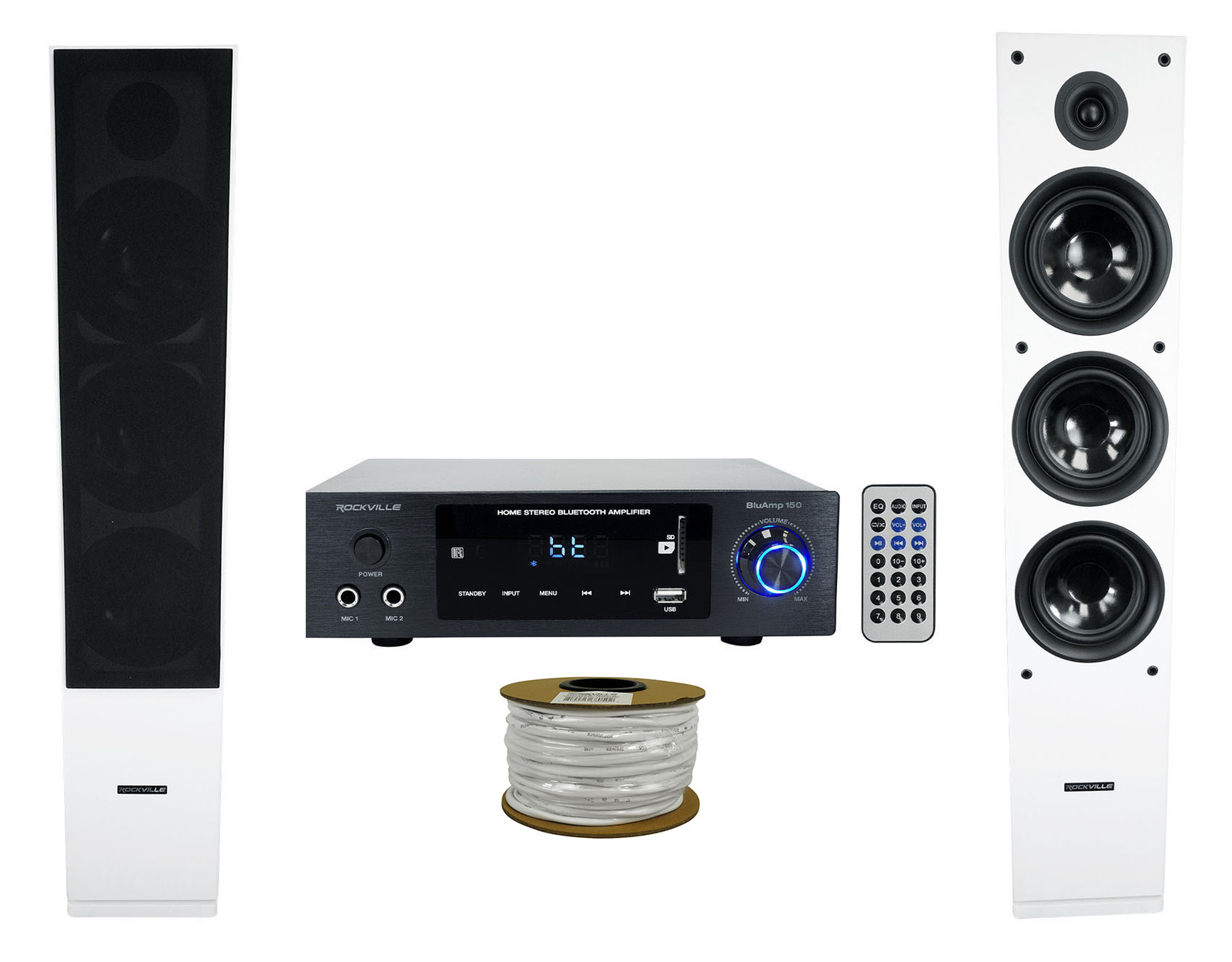 Rockville BLUAMP 150 Home Stereo Bluetooth Receiver+(2) White Tower Speakers