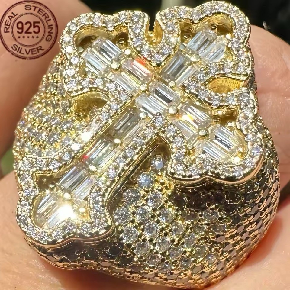 925 Silver Iced Cross Ring 5A CZ Hip Hop Bling Rapper Jewelry Men