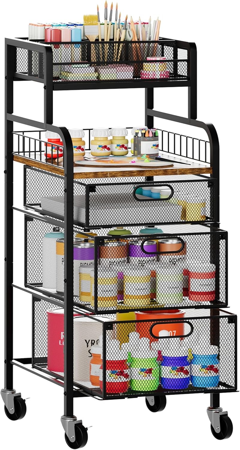 Office Rolling Cart W/ 3 Drawers Metal Utility Cart W/ Wood Shelf DIY Divider