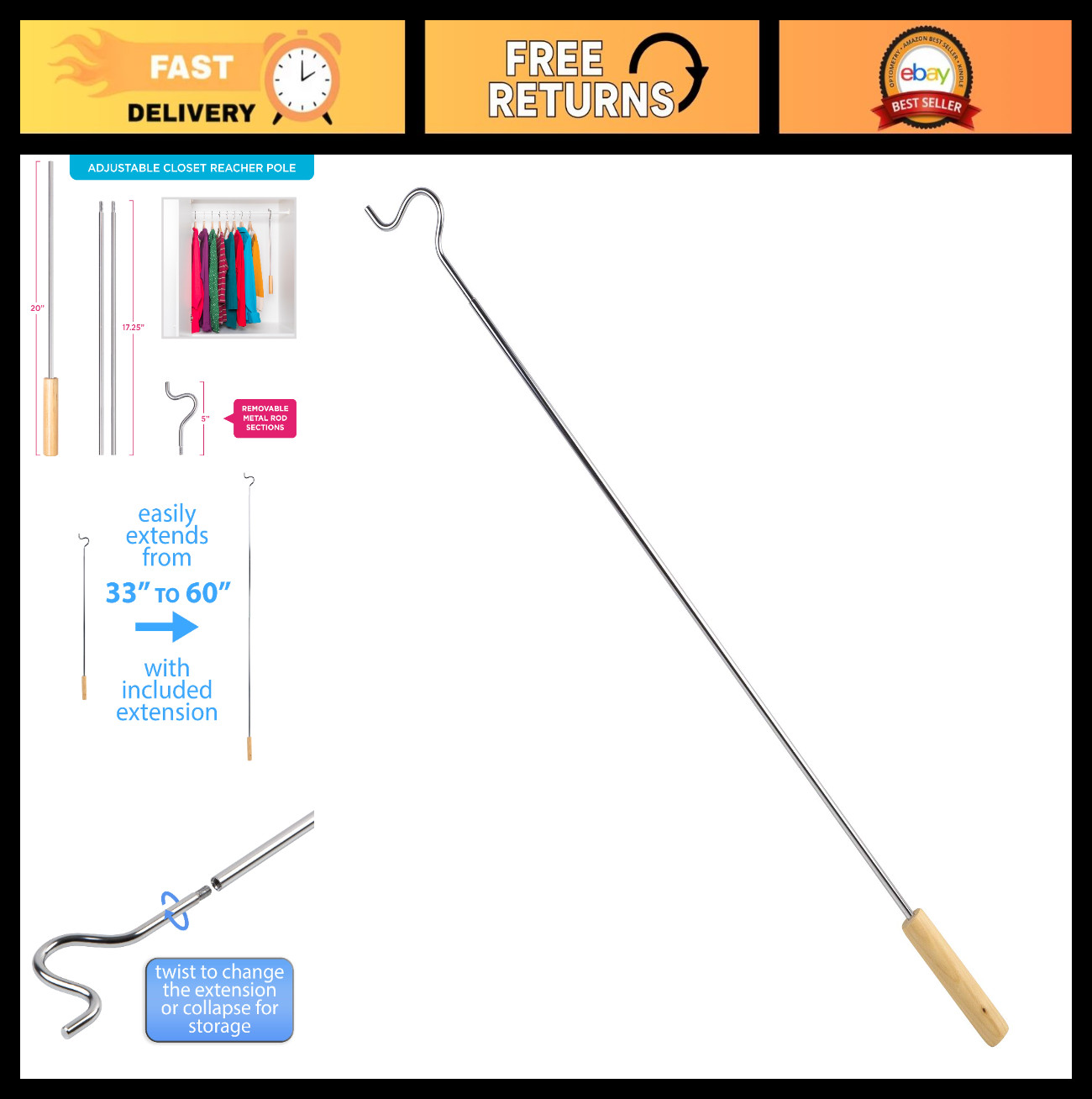 Adjustable Closet Reacher Pole with Hook, Heavy Duty 2.75-5 ft, Chrome Steel Han