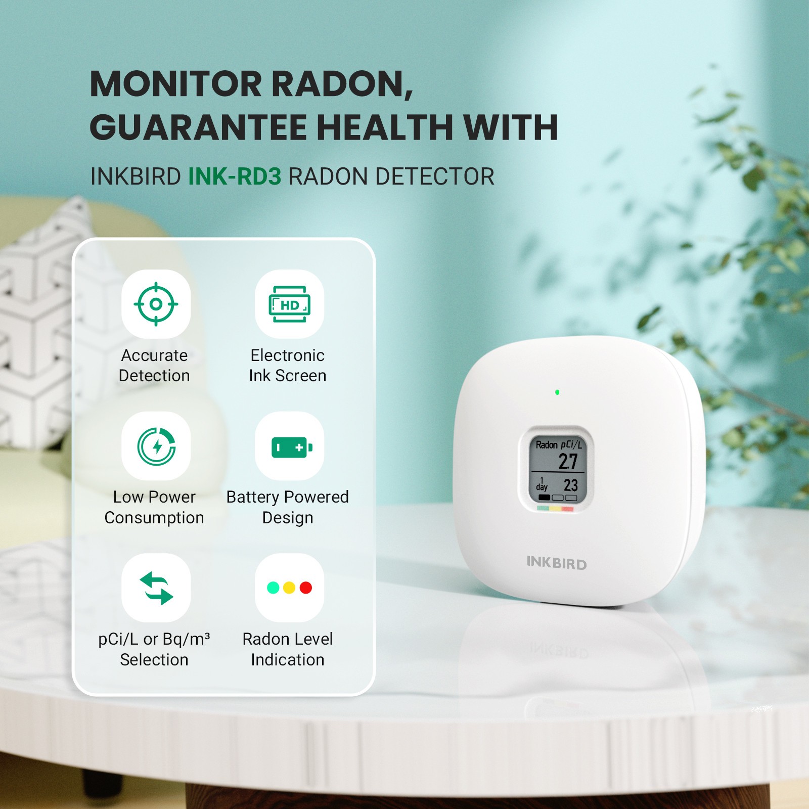 Indoor Radon Detector Fast/Accurate Radon Tester Short/Long Term Monitoring Home