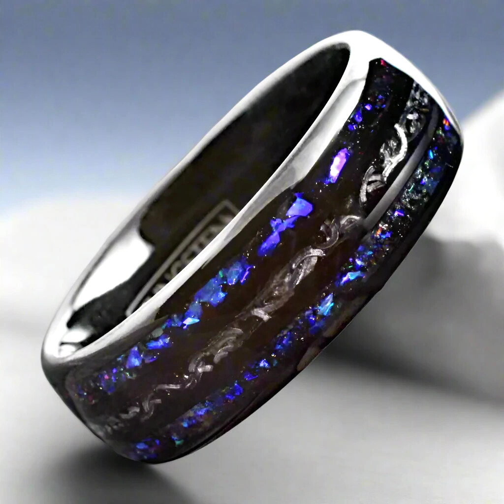 Men's 8mm Gunmetal Tungsten Nebula Meteorite Inspired Comfort-Fit Wedding Band