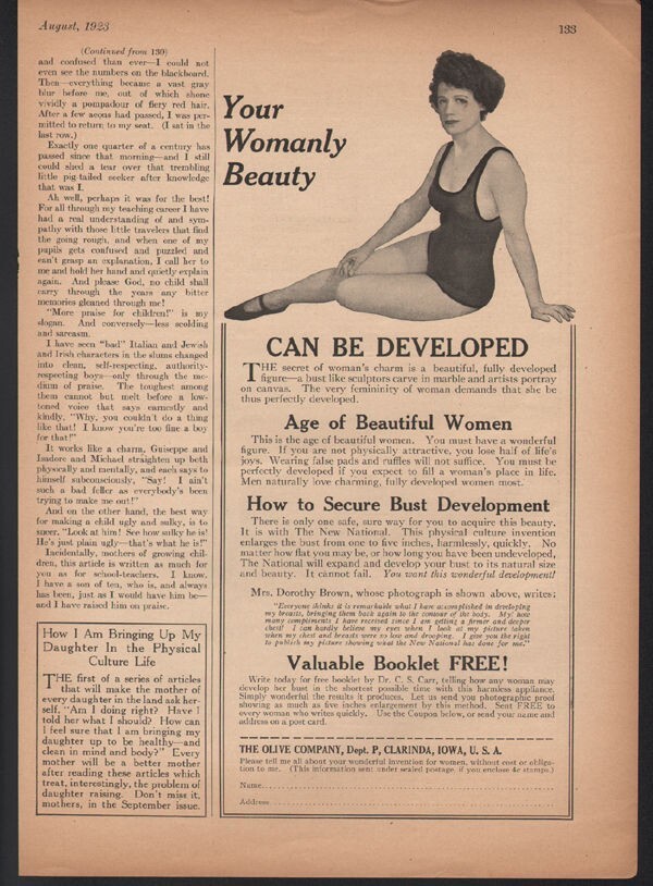 1923 OLIVE DOROTHY BROWN BREST BUST ENLARGE NATIONAL QUACK MEDICAL SEXY 22649