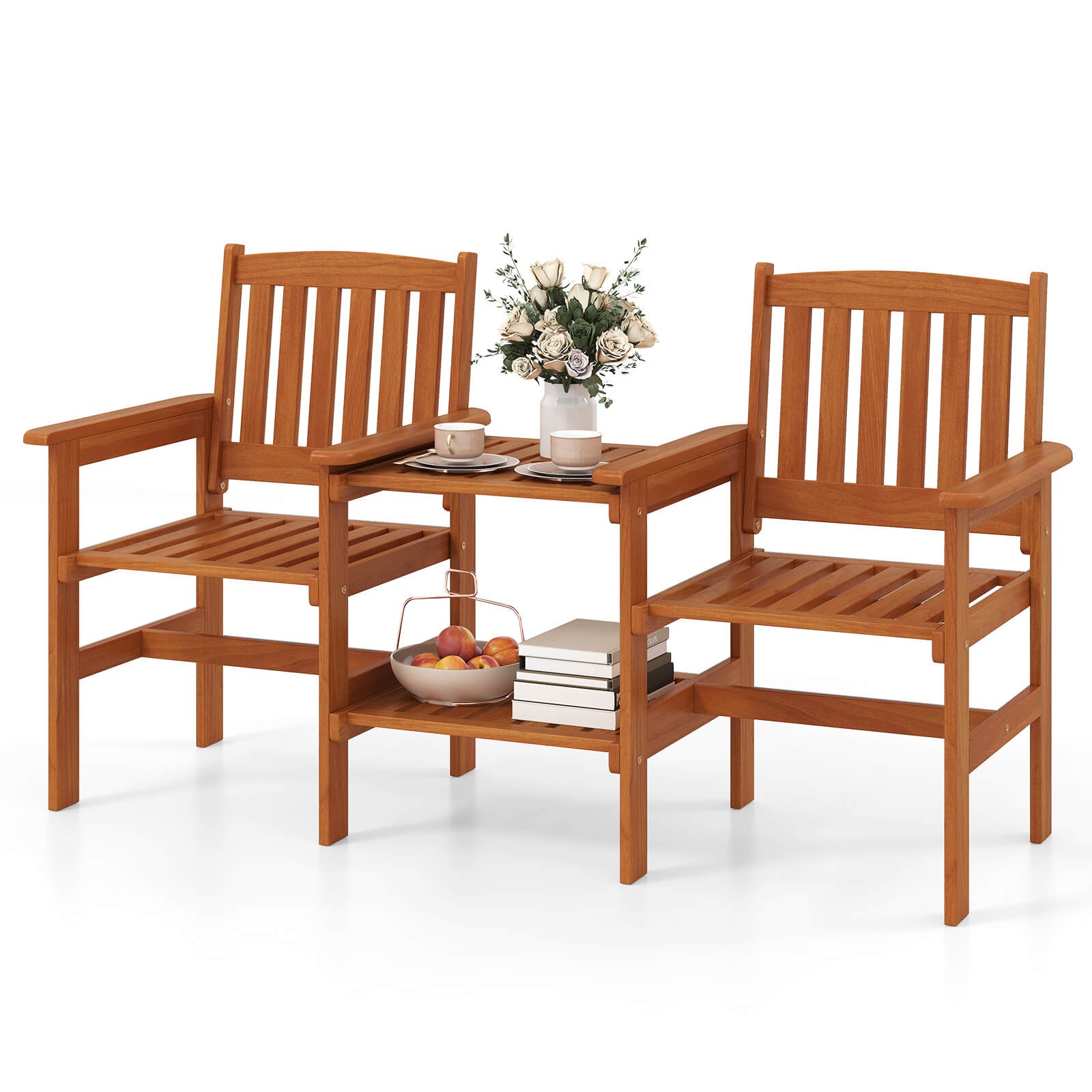 Outdoor Wood Bench Loveseat with Built-in Table 1.57" Umbrella Hole for Porch