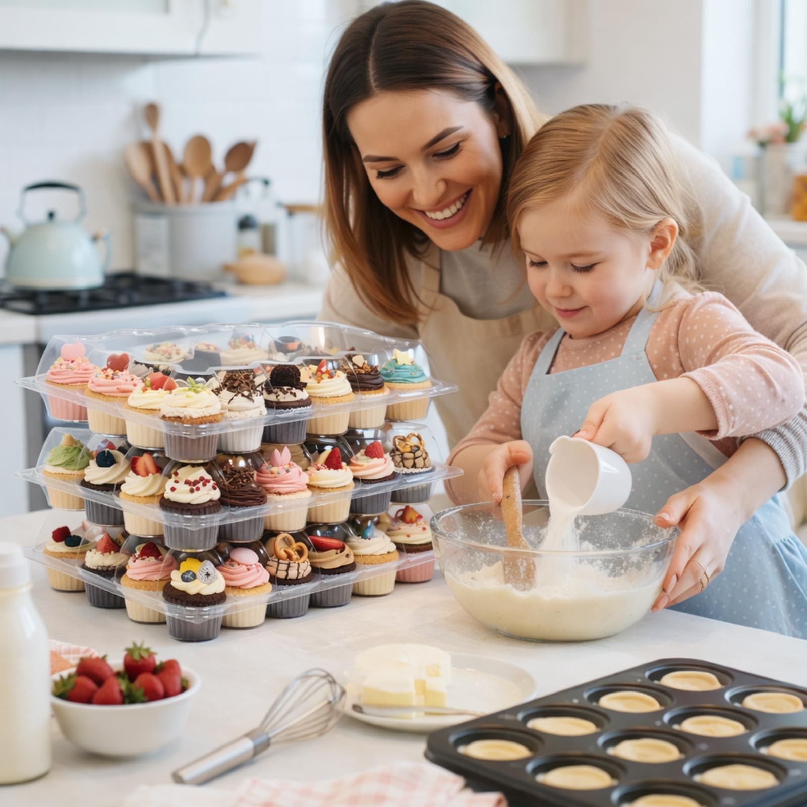 WIKDAY Plastic Cupcake Containers with Liners, 24 Count x 10 Sets | Clear Cup...