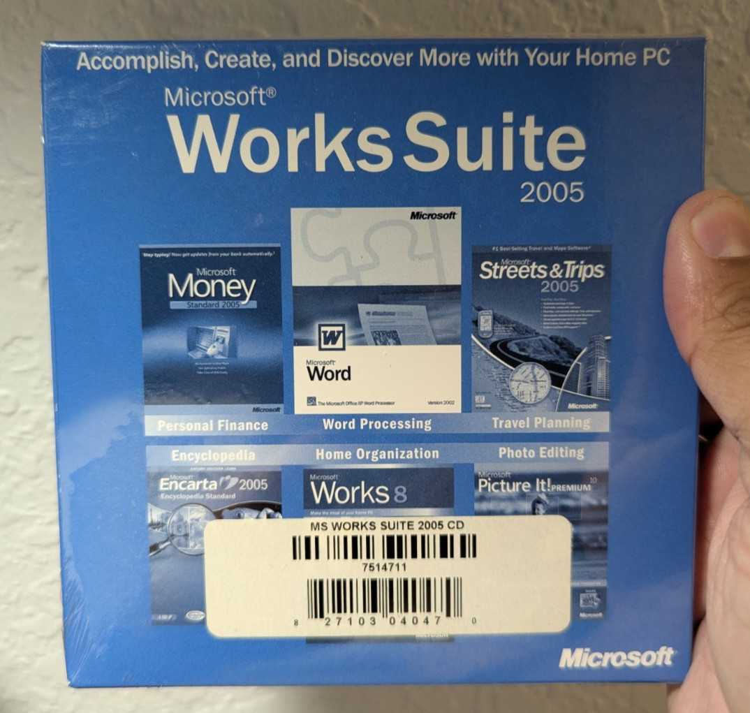 Microsoft Works Suite 2005 Factory Sealed CD-ROM Word Money Encarta Streets Trip