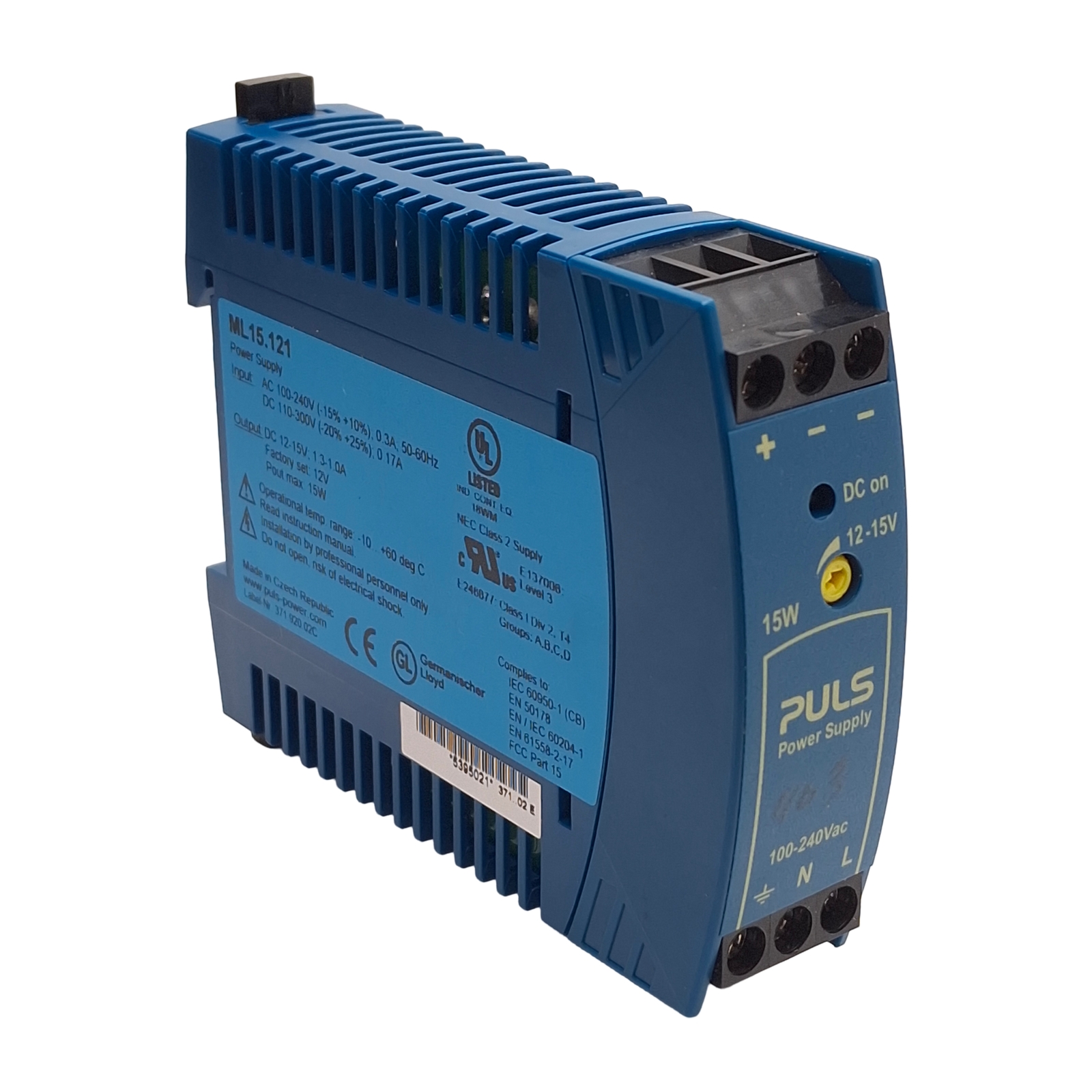 PULS ML15.121 PLC Power Supply, 100-240VAC / 110-300VDC In, 12-15VDC Out, 15W
