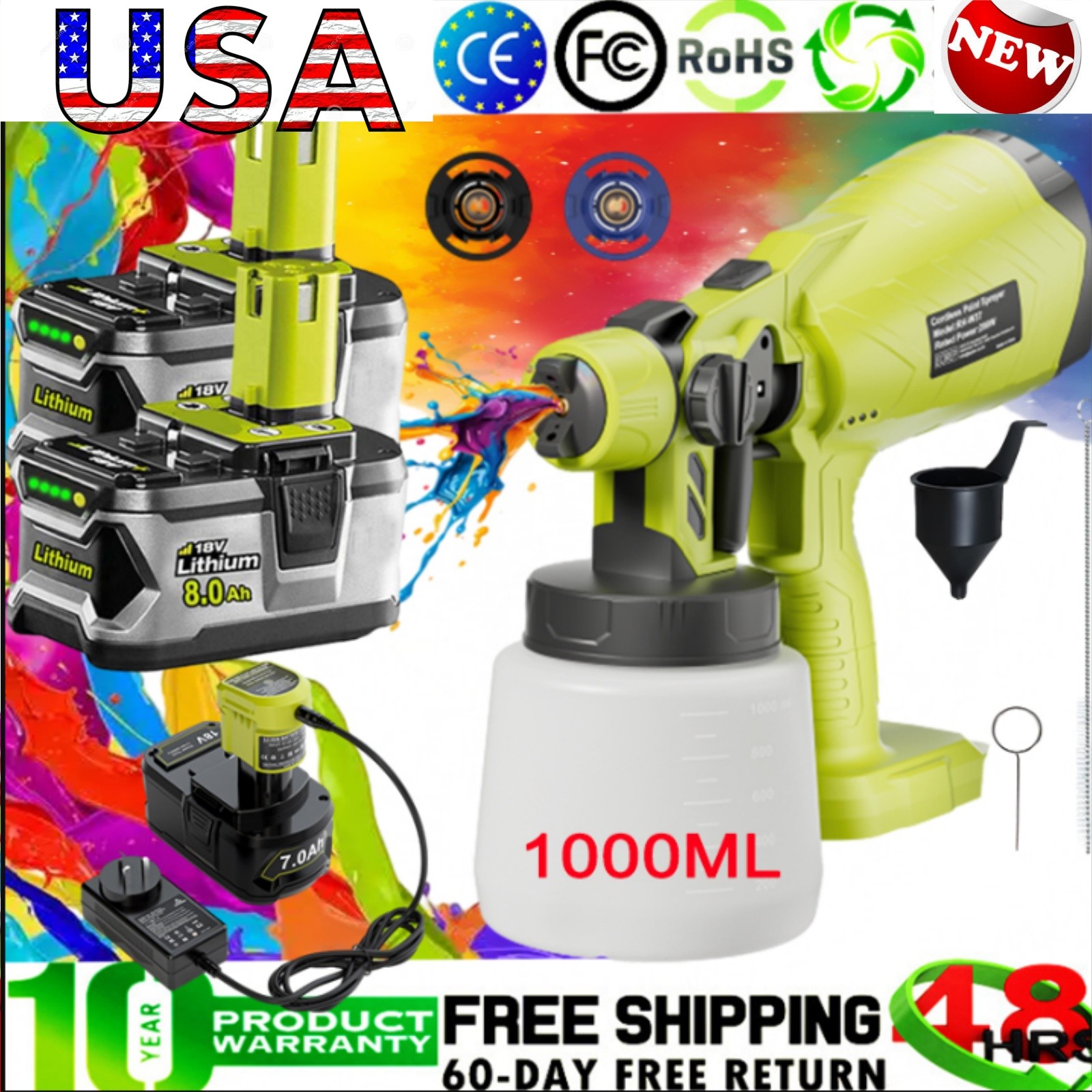 For Ryobi P108 High Pressure Cordless Paint Sprayer Electric HVLP Spray GunOpens