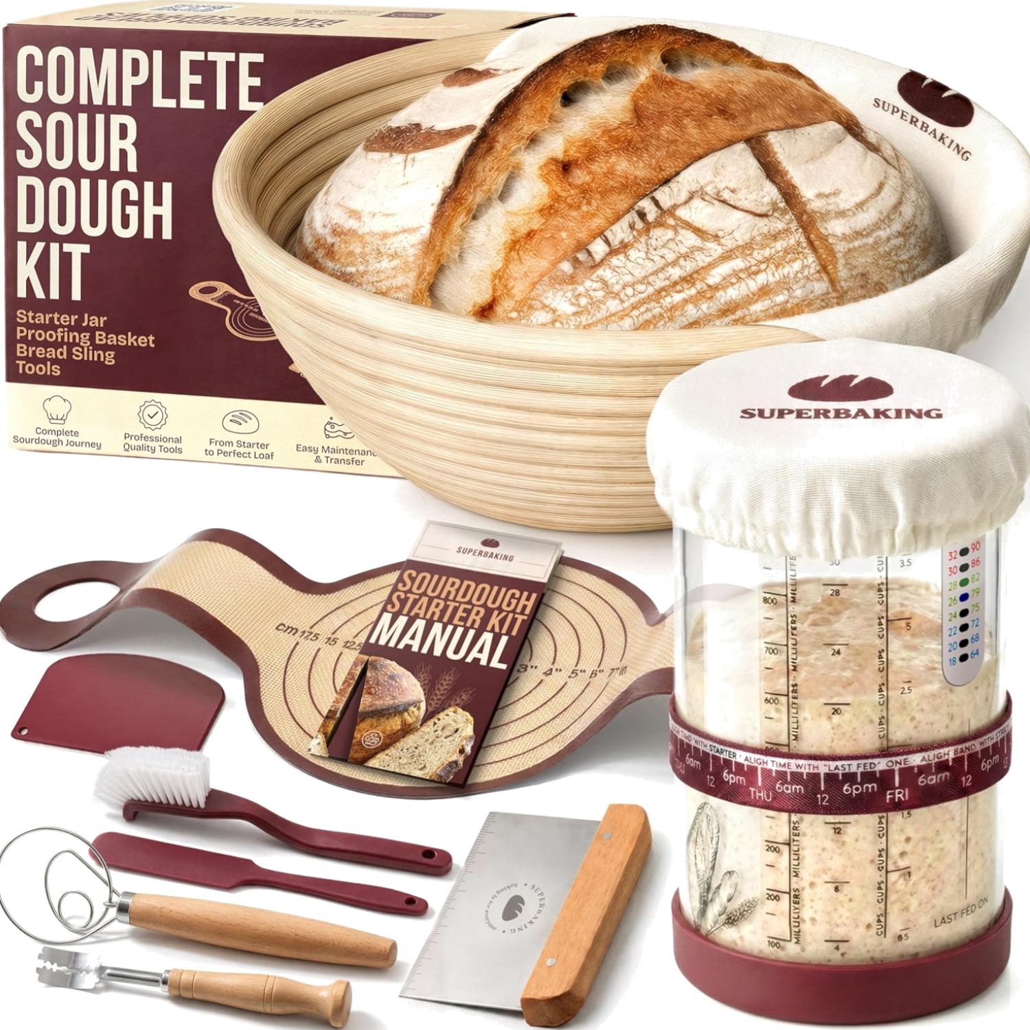 Sourdough Starter Kit, 9" Splinter-Free Banneton Bread Proofing Basket Set wi...