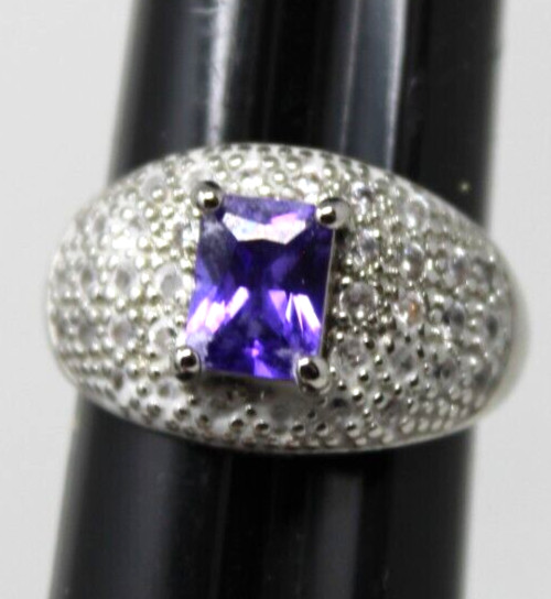 Sterling Silver Ring Size 9 Purple & White CZ  Cocktail Statement Feb Birth #RB9