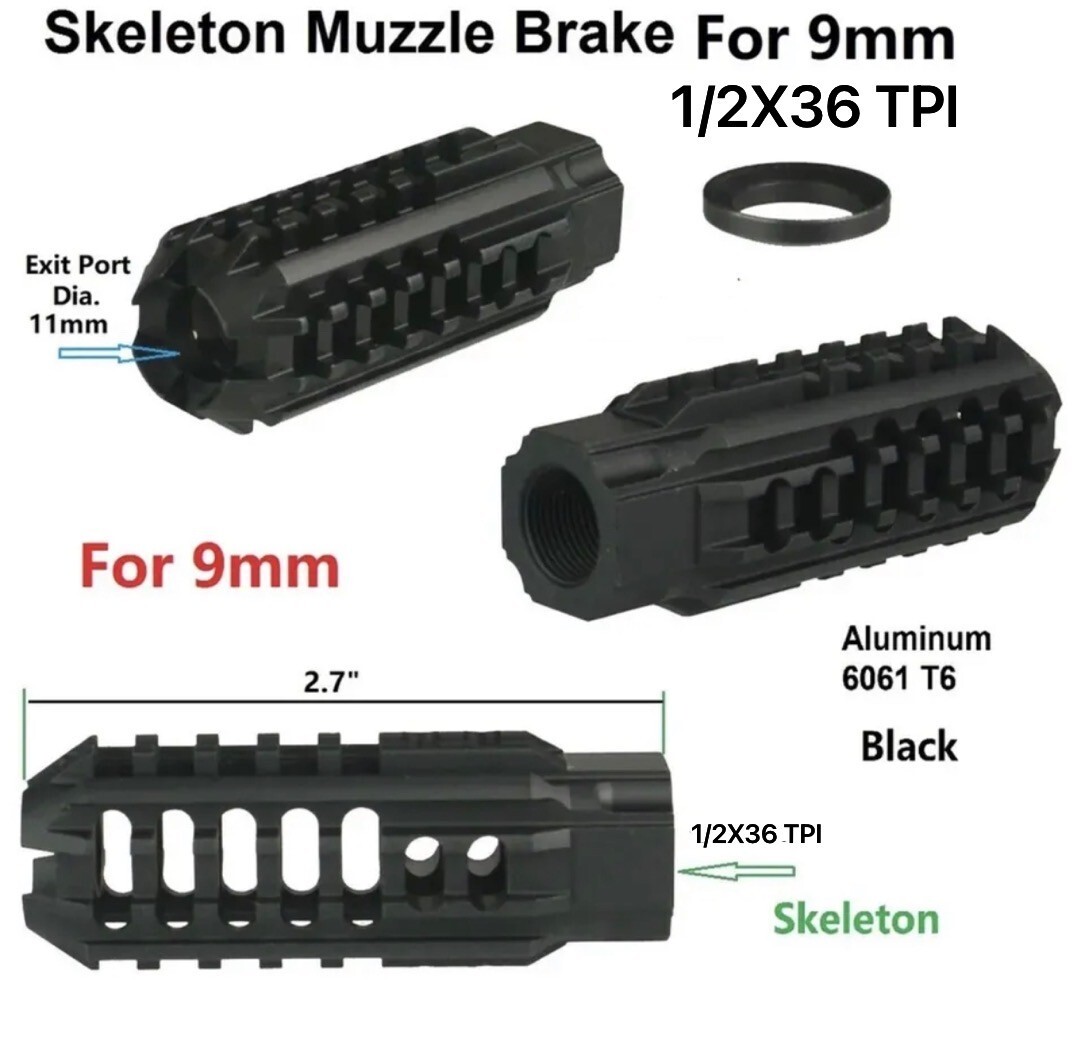 Aluminum Competition 1/2X36 TPI Thread Skeleton Muzzle Brake Compensator For 9MM