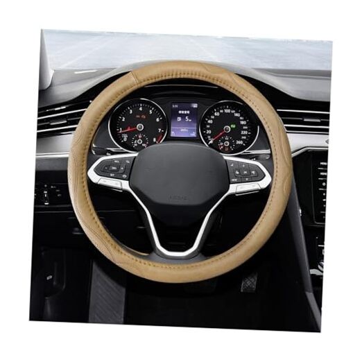 15 Inch Leather Steering Wheel Cover, Breathable Anti-Slip Steering Wheel Beige