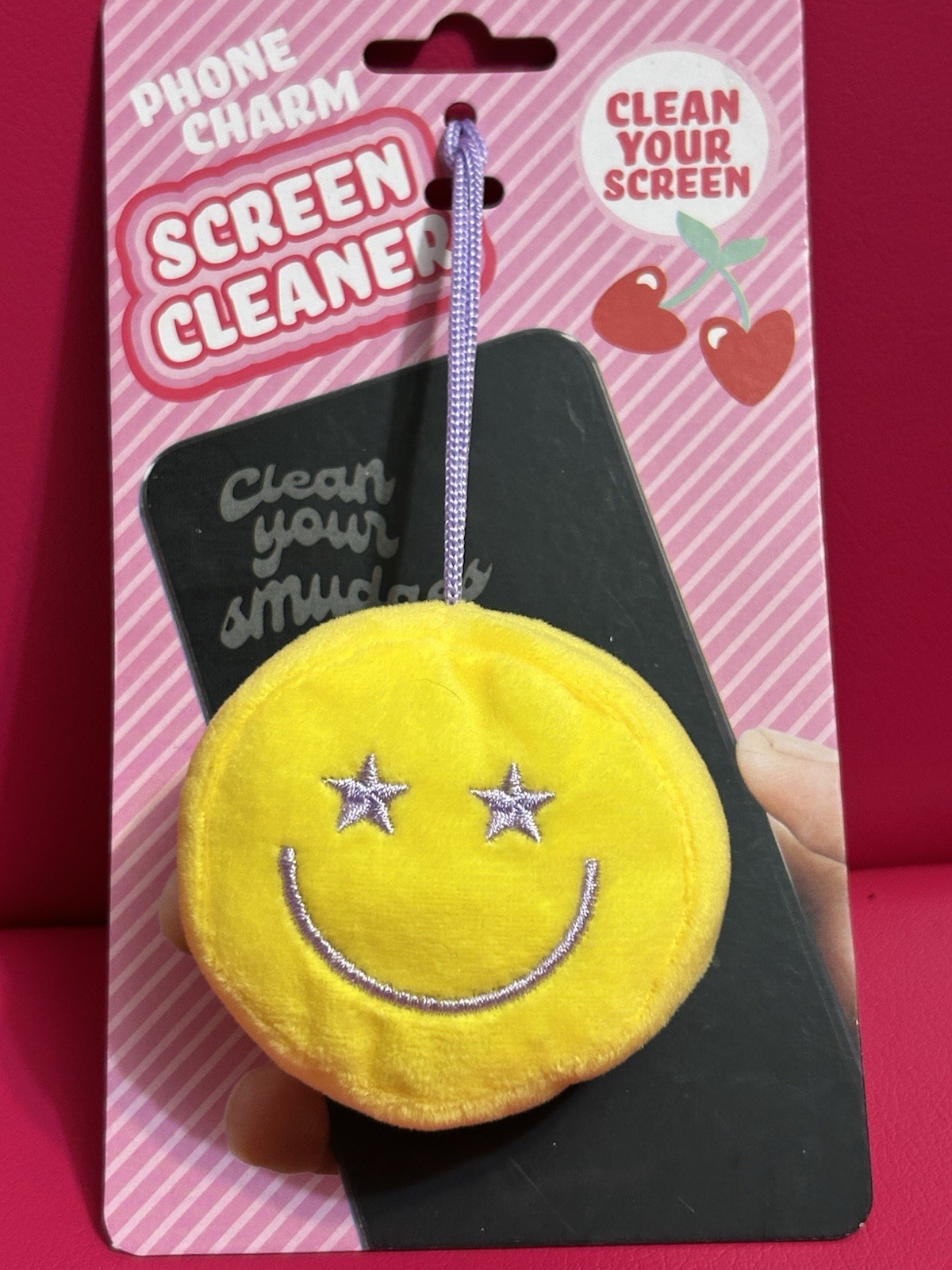 Plush Smiley Face Phone Screen Cleaner, Portable Microfiber Charm w/ Purple Cord
