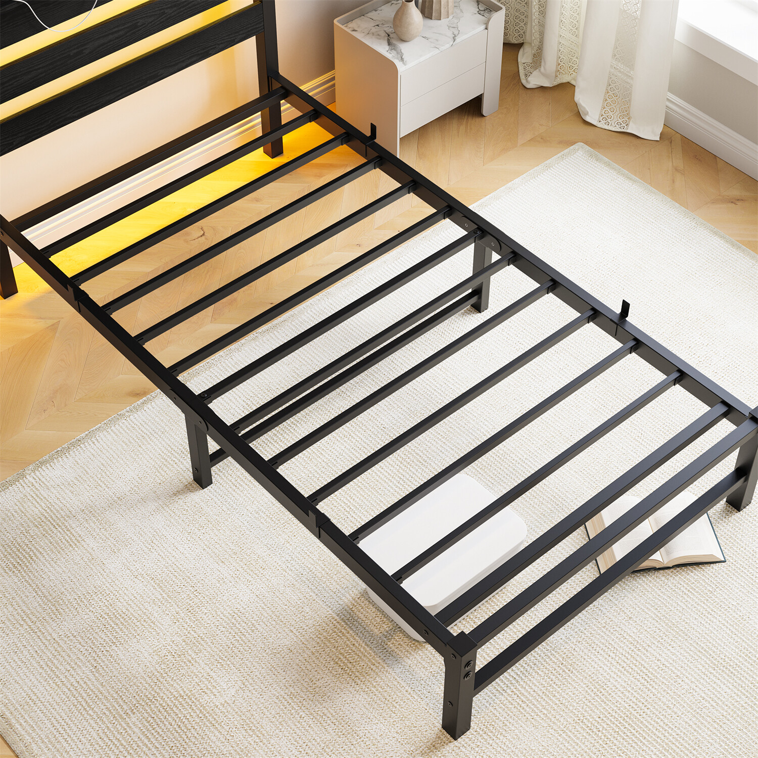 Twin Size Bed Frame Metal Platform Bed with LED Lights & Charging Station US