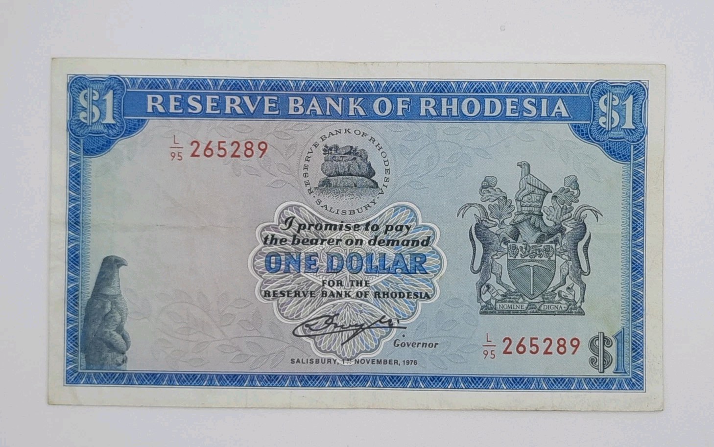 1976 Reserve Bank of Rhodesia Zimbabwe - 1 Dollar Banknote No. L95 265289