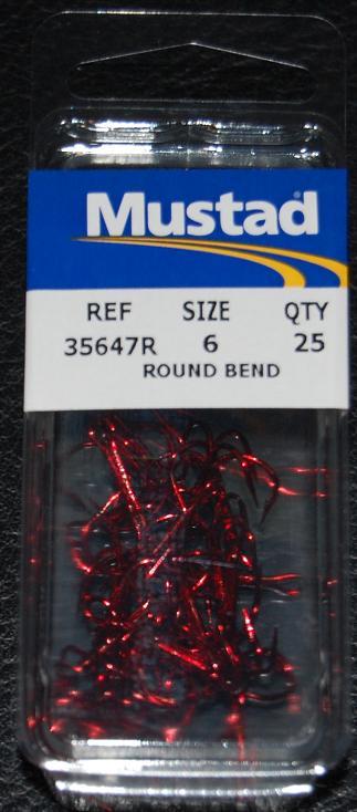 25 Pack Mustad 35647R Blood Red Size 6 Round Bend Treble Hooks