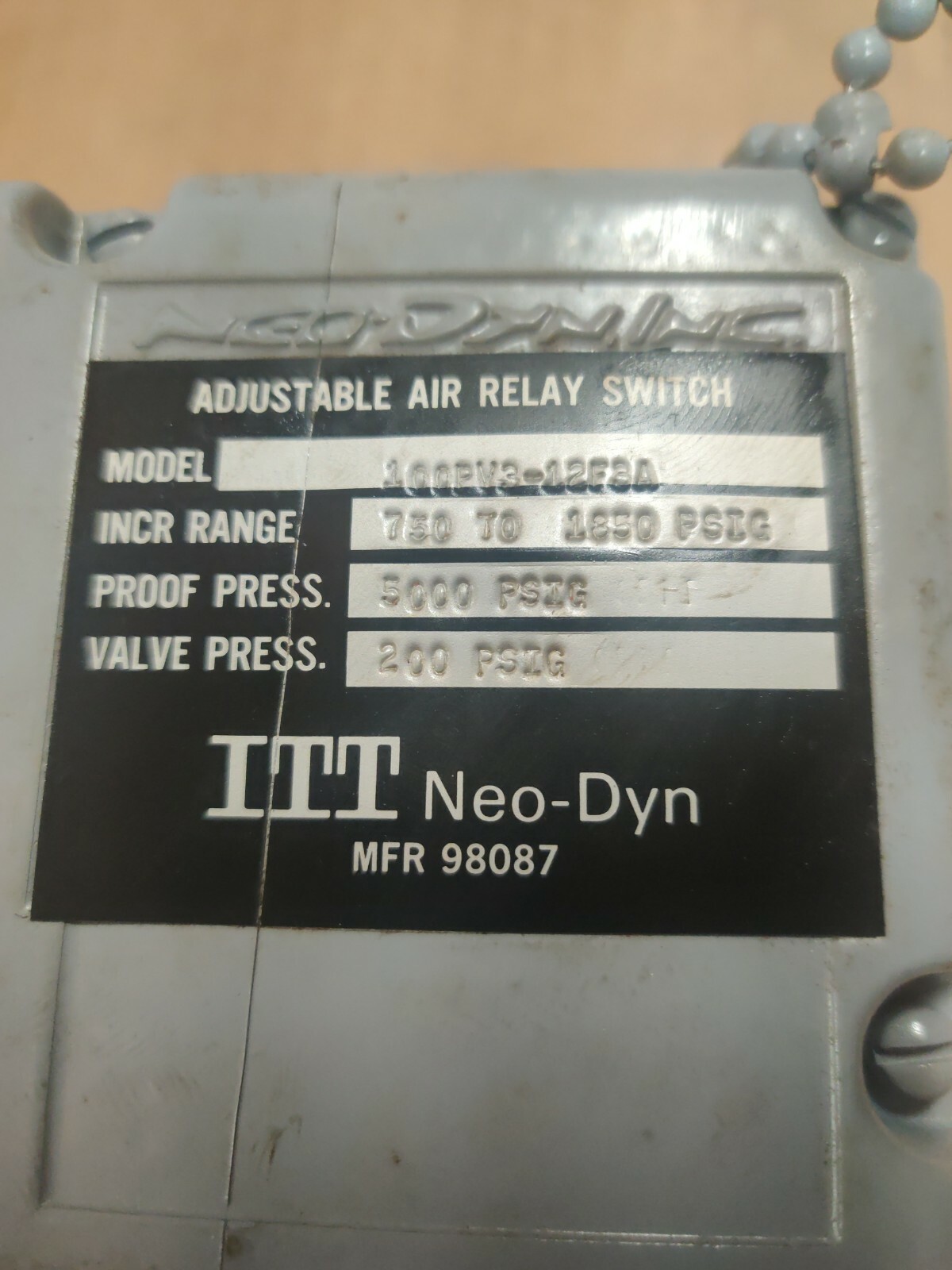 NEW ITT Neo-Dyn 100PV312F3A Adjustable Air Relay Switch