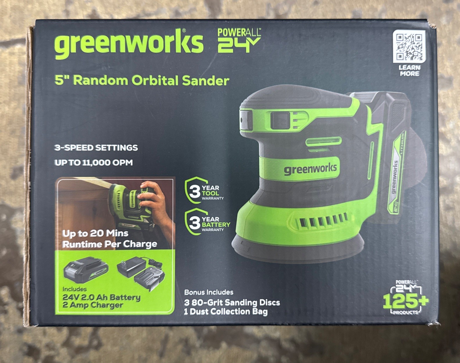 Greenworks 24V, 5" Orbital Random Sander Kit, 2Ah Battery and Charger Included