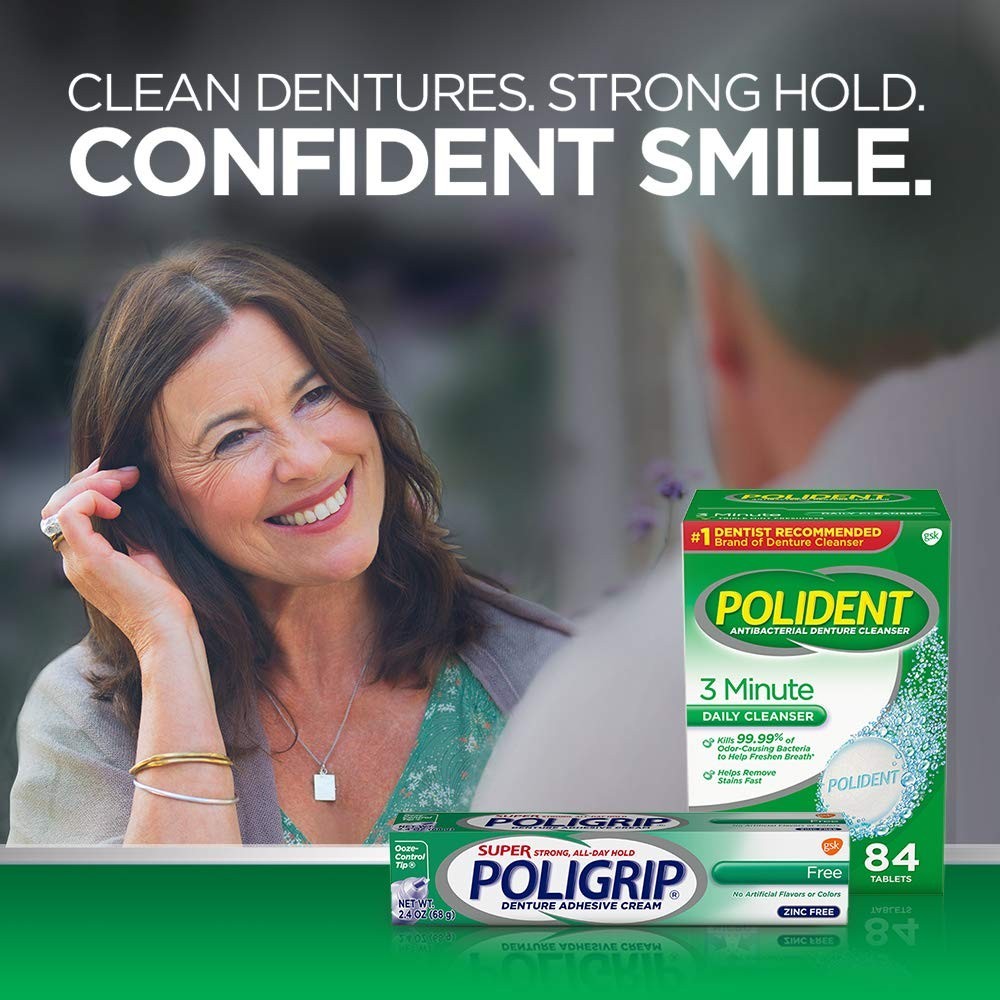 Super Poligrip Zinc Free Denture & Partials Adhesive Cream, 2.4 ounce Pack of 4