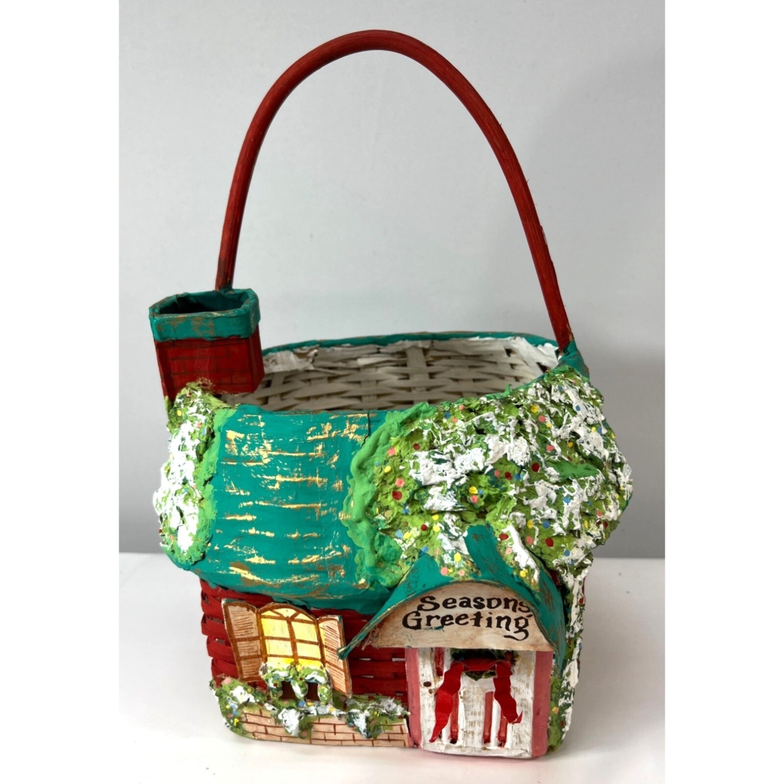 Hand-Painted Holiday Basket Cottage Design Wicker & Wood, Plaster Of Paris