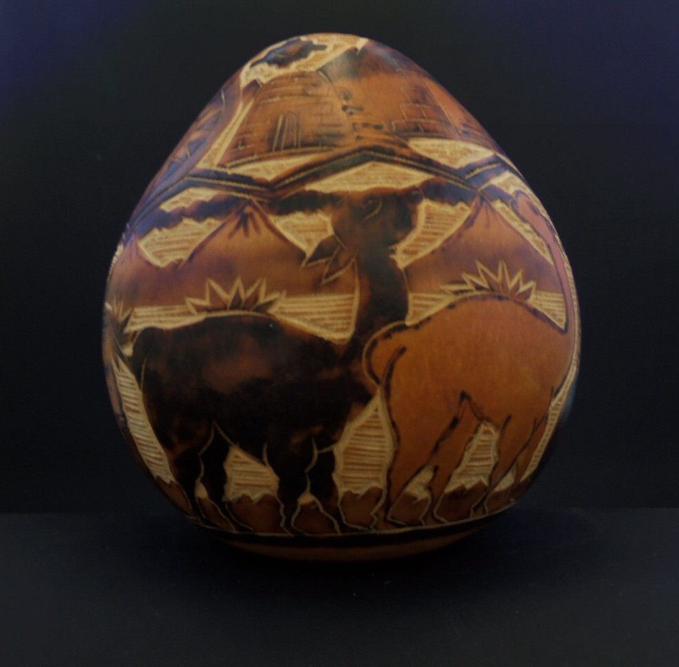 Hand Carved Peruvian Gourd Sun Moon Bird Jaguar, Snake, Pyramids, Alpacas