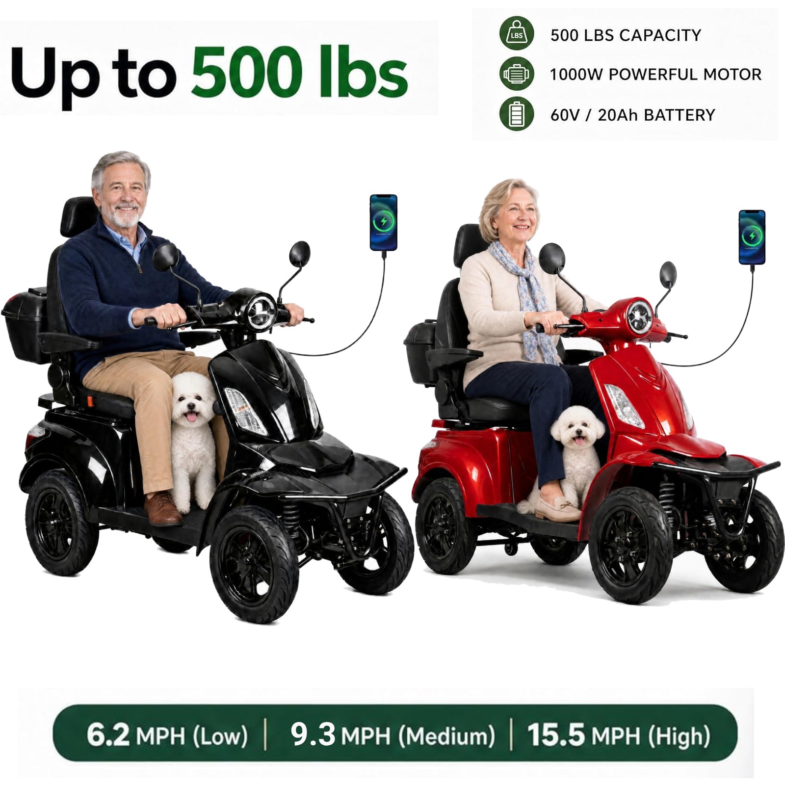 4 Wheel Mobility Scooter 1000W 60V 20Ah 3 Speeds - 6.2/9.3/15.5 mph 500 lbs Load