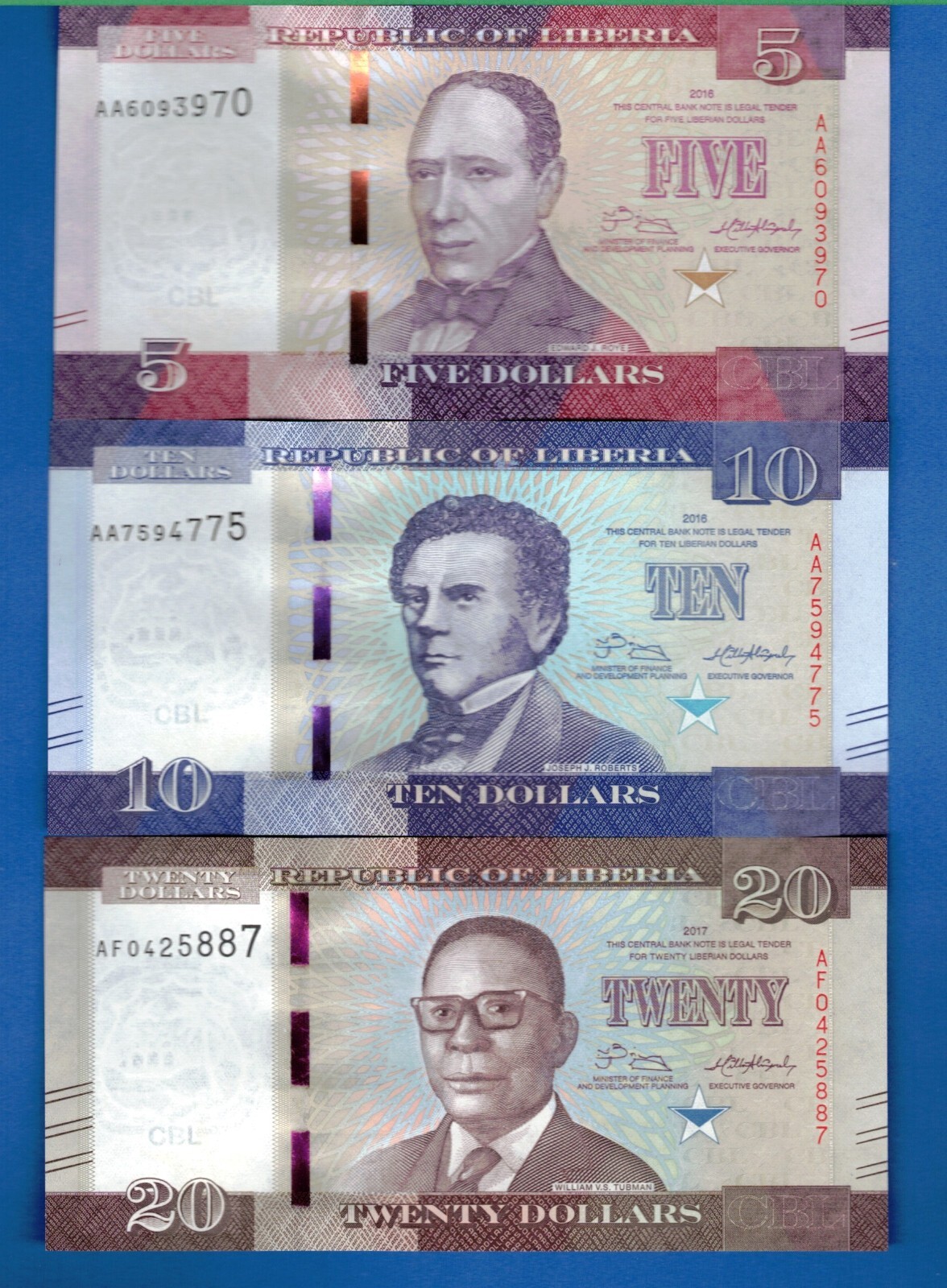 Liberia 5 10 20 Dollars 2016 Uncirculated Banknotes Set # 1