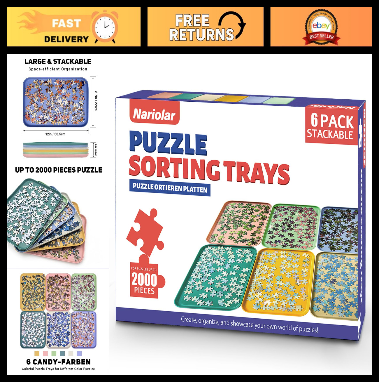 Stackable Puzzle Sorting Trays - 6-Pack, 12"x8.7" for 1000/1500/2000 Pieces