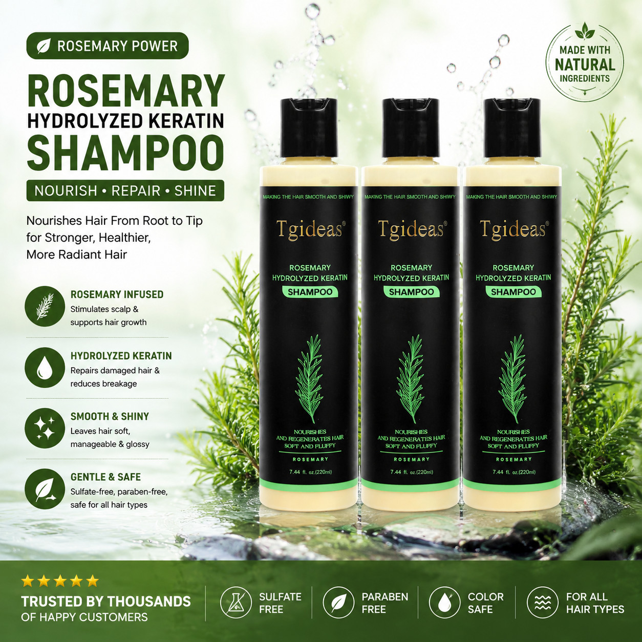 Tgideas Rosemary Hair Growth Shampoo Thickening Stimulate hair follicle new 3pcs