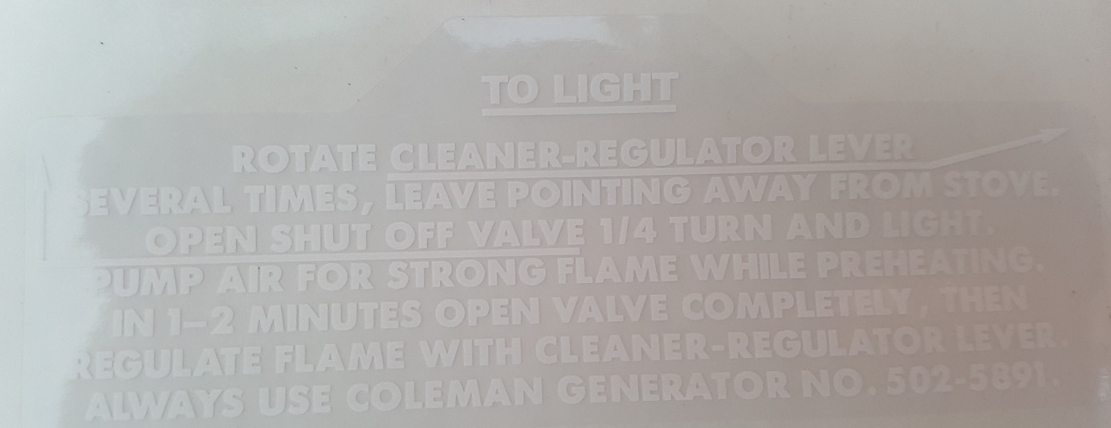 ONE BRAND NEW COLEMAN 502 STOVE REAR LIGHTING INSTRUCTION STICKER LABEL DECAL