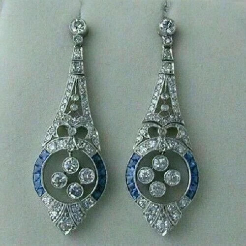 Art Deco Style Lab Created Diamond & Sapphire Wedding 14K White Gold FN Earrings