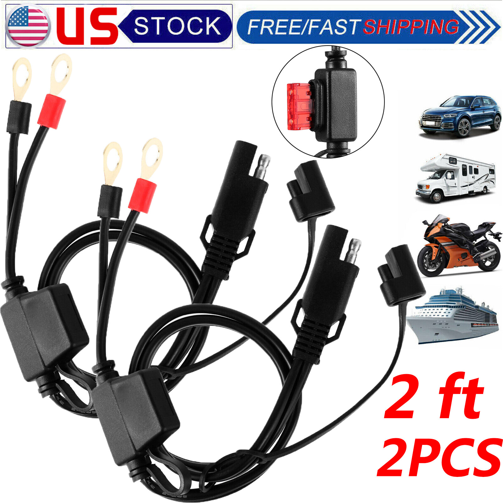 2Pcs 2ft SAE Battery Connector Cable 2-Pin Ring Terminal Harness Extension Wire