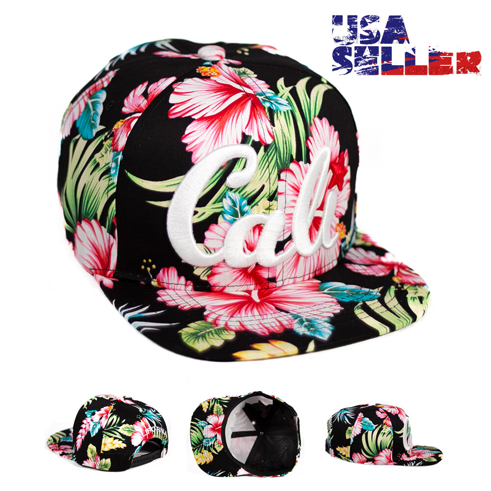 CALI Snapback Baseball Cap Adjustable Flat Bill Hawaiian Floral Embroidered Mens