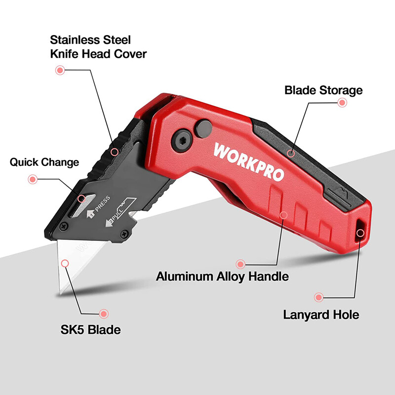 WORKPRO Folding Utility Knife Quick Change Box Cutter w/13PC Blade Red/Blue/Pink