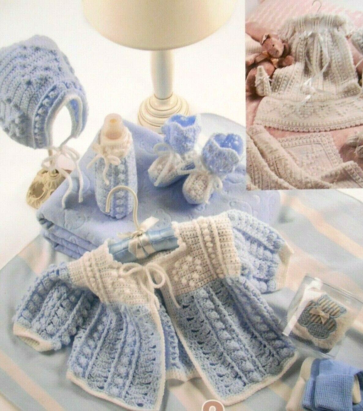 Heart's Delight Baby Layettes: christening gown, sweater set, booties, PATTERNS