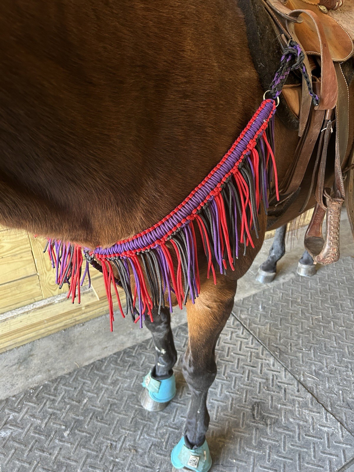 Red, Purple, And Black Fringe Breast Collar Made Of Paracord