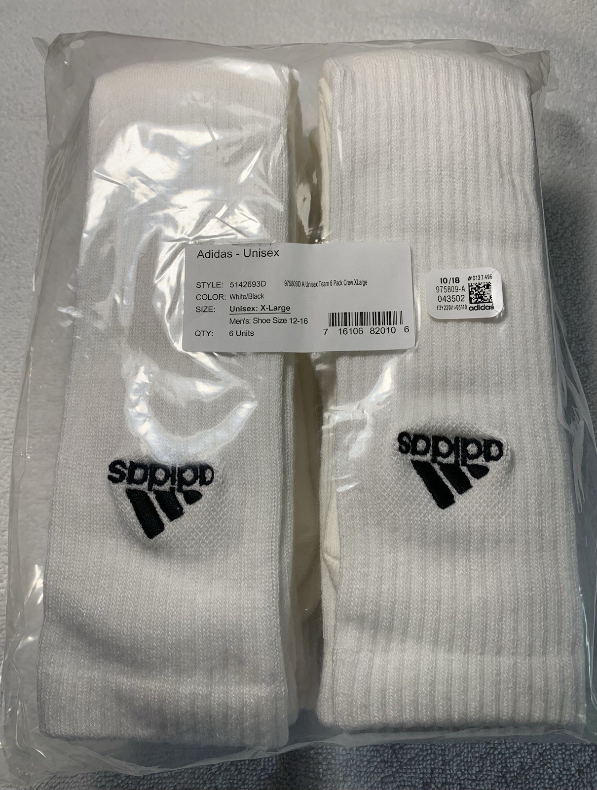 Adidas Team 6-pack White Crew Sock - 6 Pair XL - Fits Men's Shoe 12.0 to 16.0