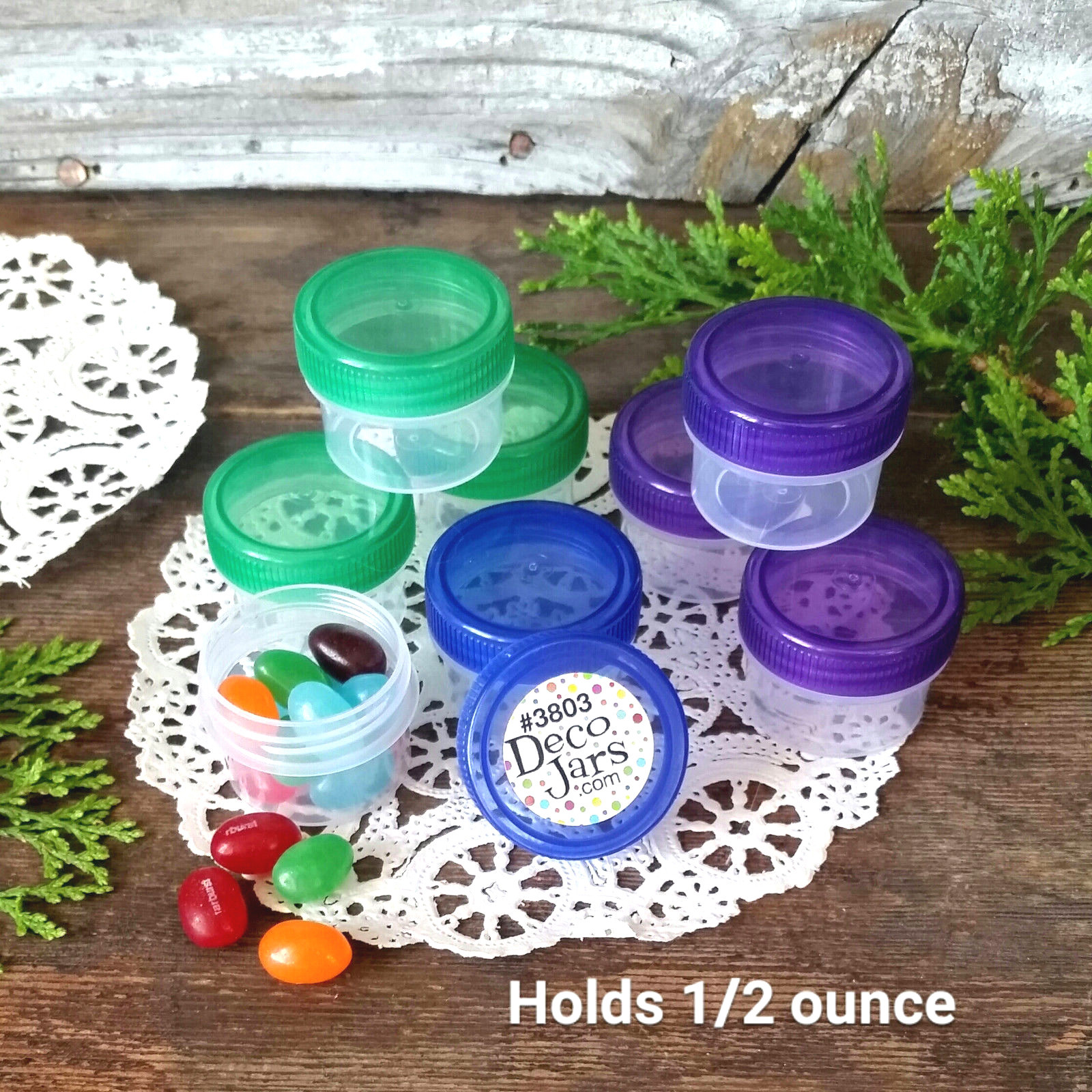 12 Clear Jars Green Blue Purple Lids Plastic Containers one half oz 3803 USA New
