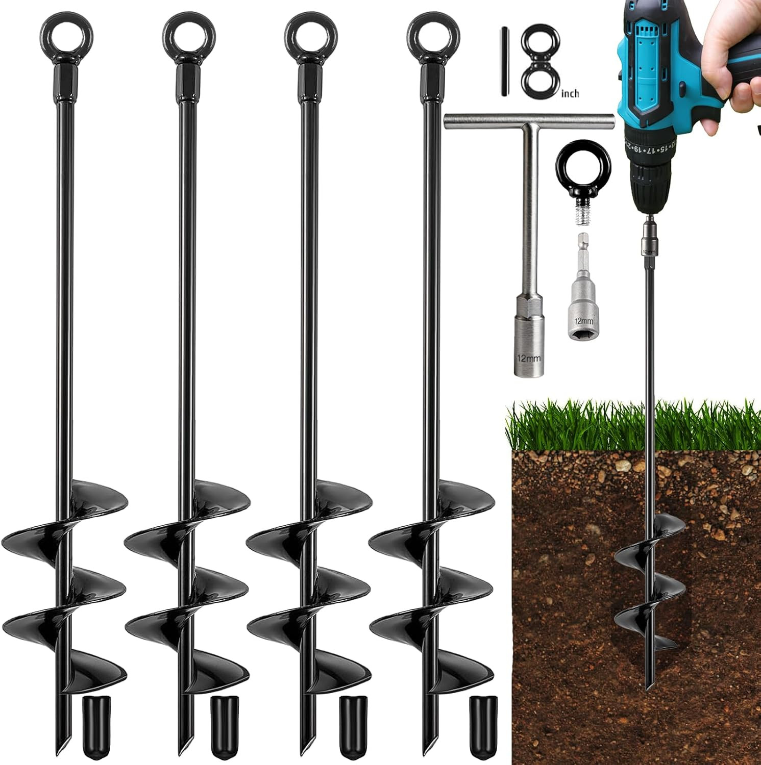 Heavy Duty Ground Anchors Kit, 18" Metal Auger Stakes for Secure Outdoor Use