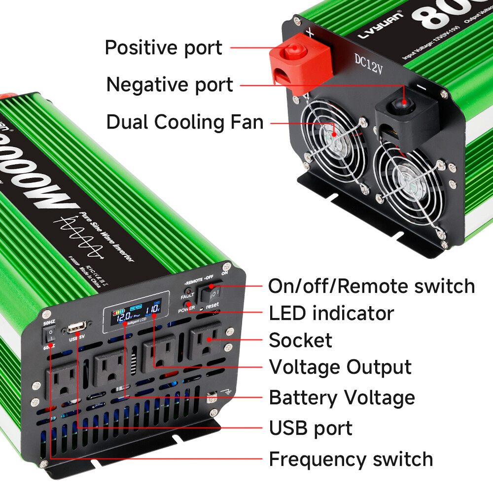 4000W 8000W Pure Sine Wave Inverter 12V/24V to 120V with Remote Control Green