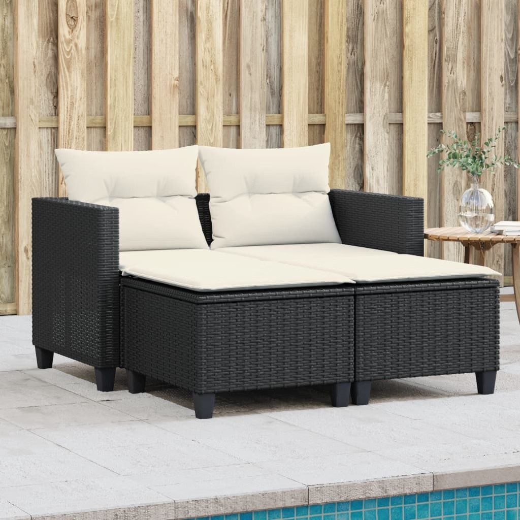 Garden Sofa Black PE rattan, powder-coated steel, 100% polyester